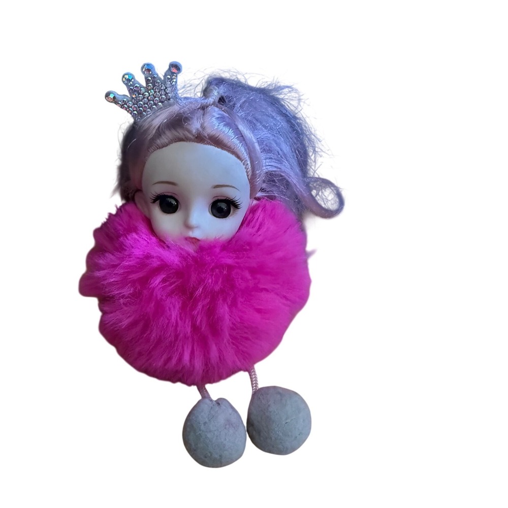 Hot Pink Faux Fur Pom Pom Doll Keychain Rhinestone Crown Lavender Hair Charm